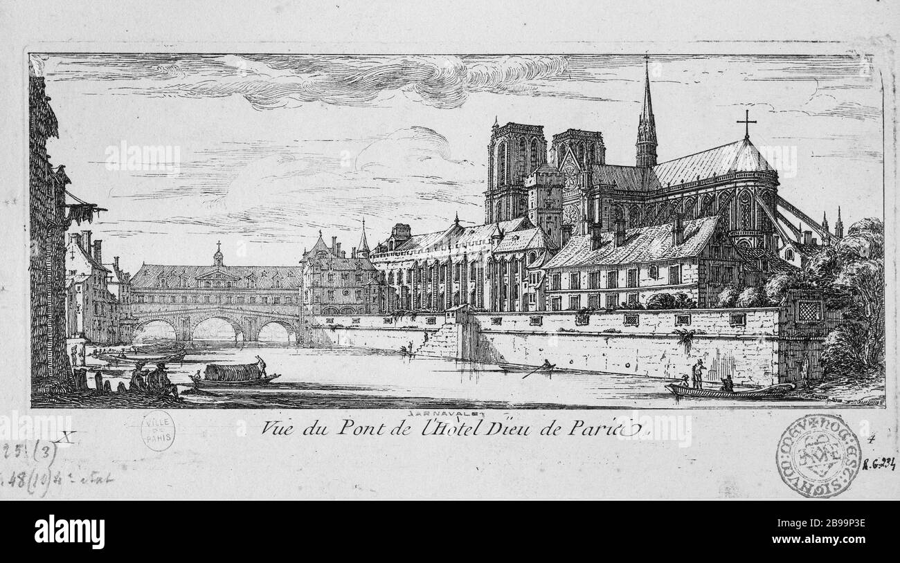 VISTA DEL BRIDGE HOTEL-DIEU A PARIGI ISRAËL SILVESTRE (1621-1691). "Vue du pont de l'Hôtel-Dieu à Paris". Eau-forte, 1650-1655. Parigi, musée Carnavalet. Foto Stock