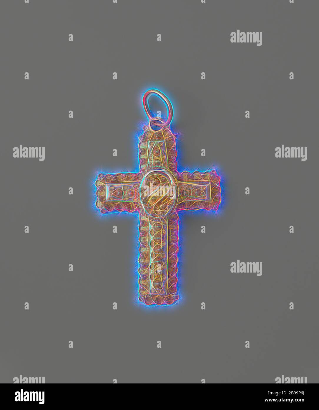 Pendente, formato principalmente da filigrana nodi Zeeland, pendente d'oro a forma di croce. La croce pressata da oro sottile è decorata con filigrana, costituita principalmente da gemme di Zeeland. Al centro un edificio ovale con decorazione a forma di S. Con marchio: Quercia, Olanda, c.. 1885 - c. 1900, oro (metallo), filigrana, h 3.8 cm × w 3.6 cm × d 0.9 cm, Reimagined by Gibon, design di calda e allegra luce di luminosità e di luminosità. Arte classica reinventata con un tocco moderno. Fotografia ispirata al futurismo, che abbraccia l'energia dinamica della tecnologia moderna, del movimento, della velocità e della rivoluzione Foto Stock