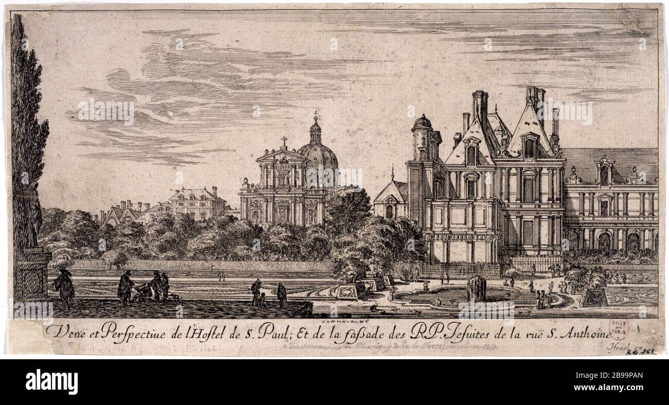 VISTA E VISTA DELL'HOTEL SAINT PAUL E DELLA PARTE ANTERIORE DEL JESUIT R.P. DI SAINT-ANTOINE Israël Silvestre (1621-1691). 'Vue et Perspective de l'Hôtel de Saint-Paul et de la façade des R.P. Jésuites de la rue Saint-Antoine'. Parigi, musée Carnavalet. Foto Stock