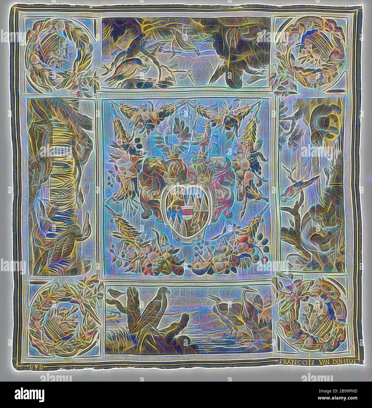Tovaglia con stemma di Johann Baptist Kaltschmidt von Eisenberg, consiglio segreto dell'arciduca Leopold Wilhelm, tovaglia di tessuto arazzo con al centro lo stemma di Johann Baptist Kaltschmidt von Eisenberg (1604-1662) con scudo cardiaco Austria su terreno azzurro pallido, Sui lati appesi con animali in un paesaggio e negli angoli con un cesto di fiori e frutti all'interno di una corona di foglie, fiori e frutti., Frans i van den Hecke, Bruxelles, c.. 1646 - c. 1659, ketting, inslag, arazzi, h 276.5 cm × w 263 cm, Reimagined by Gibon, disegno di calda allegra incandescente di Foto Stock