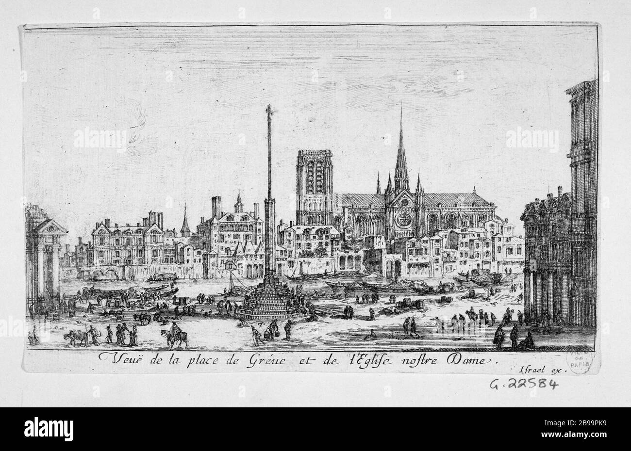 PER COLPIRE E IL POSTO DELLA CHIESA DI NOSTRA SIGNORA Israël Silvestre (1621-1691) et Israël Henriet (1590-1661). 'Vue de la Place de Grève et de l'église Notre-Dame'. Eau-forte, 1650-1660. Parigi, musée Carnavalet. Foto Stock