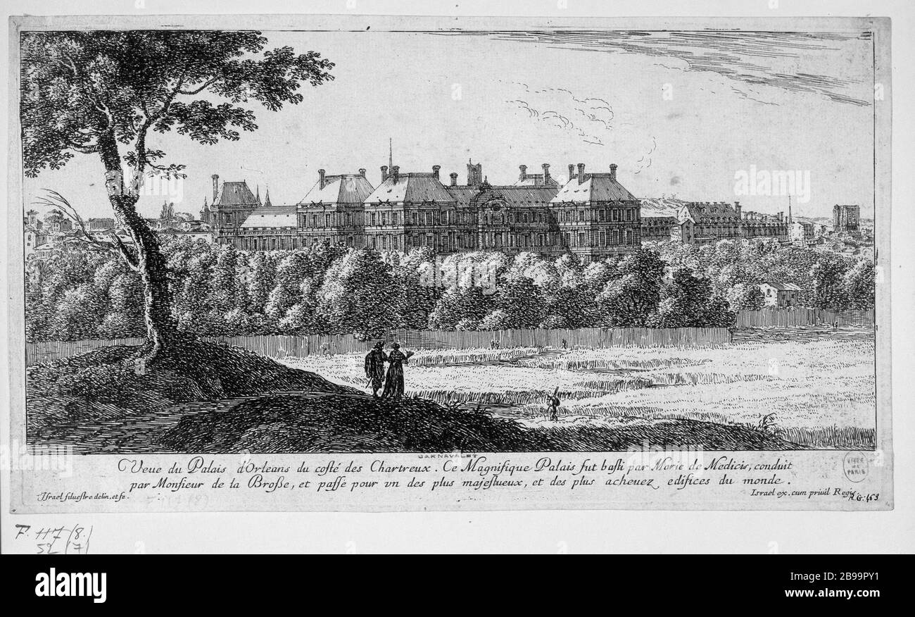 VISTA DEL PALAZZO DI ORLEANS, LA COSTA CHARTREUX Israël Silvestre (1621-1691) et Israël Henriet (1590-1661). "Vue du Palais d'Orléans, du côté des Chartreux". Eau-forte, 1650-1655. Parigi, musée Carnavalet. Foto Stock