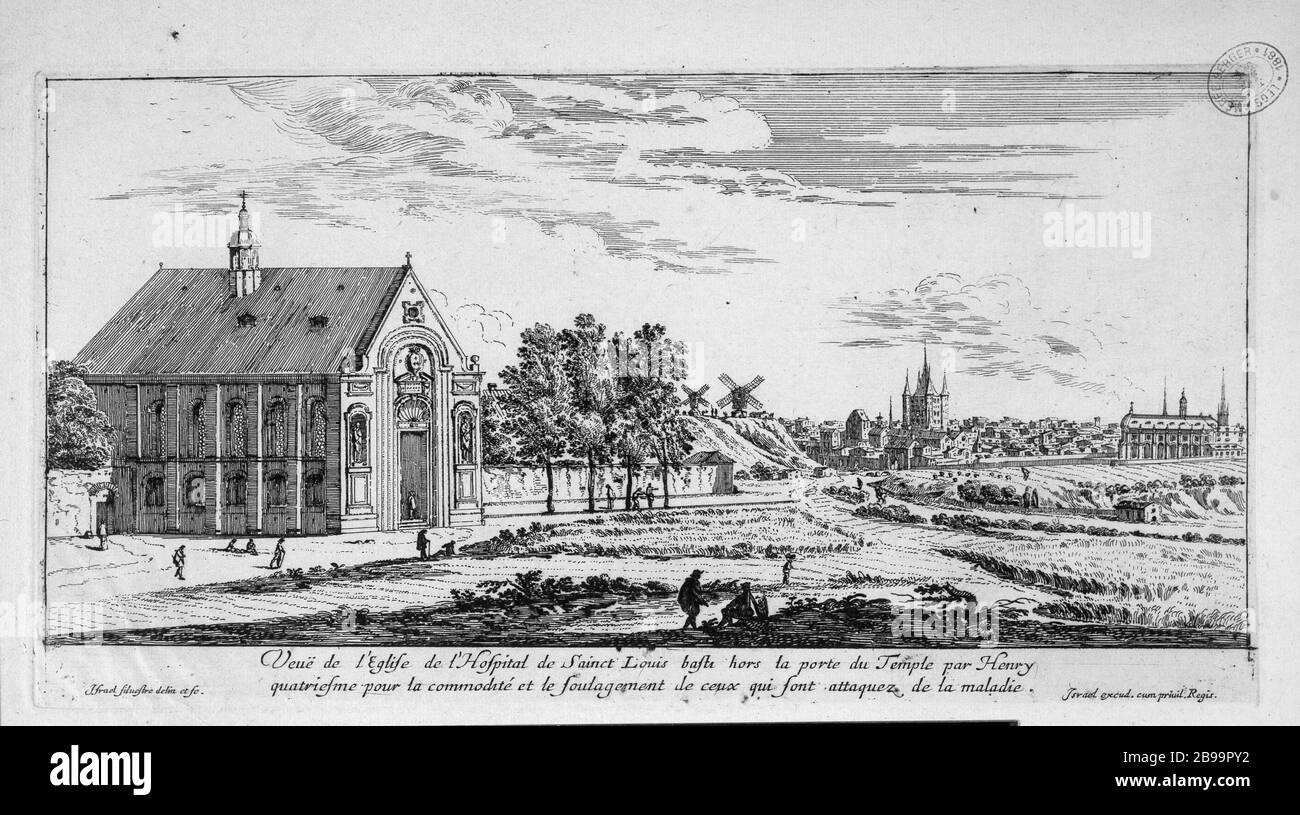 CHIESA VIEW OSPEDALE SAINT LOUIS Israël Silvestre (1621-1691) et Israël Henriet (1590-1661). "Vue de l'église de l'hôpital Saint-Louis". Eau-forte, 1650-1655. Parigi, musée Carnavalet. Foto Stock