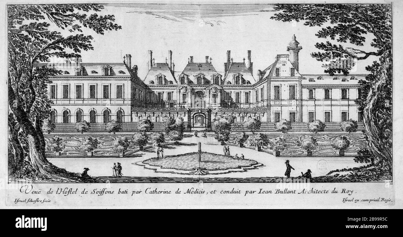 VISUALIZZA L'HOTEL COSTRUITO SOISSONS DA CATHERINE DE MEDICI E guidato DA JEAN Gorgogliing ARCHITETTO RE Israël Silvestre (1621-1691) e Israël Henriet (1590-1661). "Vue de l'hôtel de Soissons bâti par Catherine de Médicis et conduit par Jean Bullant architecte du roi". Eau-forte, 1650-1655. Parigi, musée Carnavalet. Foto Stock