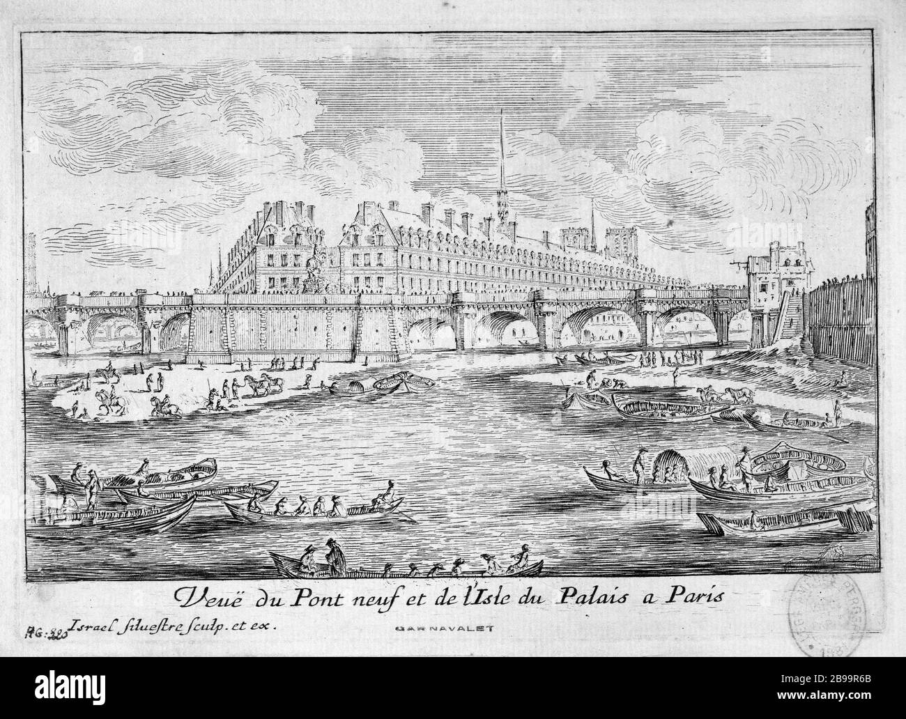 NUOVA VISTA DEL PONTE E L'ISOLA DEL PALAZZO DI PARIGI ISRAËL SILVESTRE (1621-1691). "Vue du pont Neuf et de l'Ile du Palais de Paris". Eau-forte, 1664-1664. Parigi, musée Carnavalet. Foto Stock