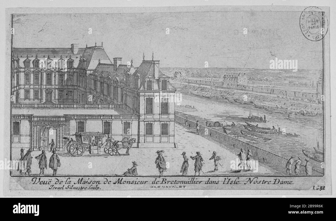 PER LA CASA MR Bretonvilliers ISLAND IN NOSTRA SIGNORA Israël Silvestre (1621-1691). 'Vue de la maison de Monsieur de Bretonvilliers dans l'île Notre-Dame'. Eau-forte, 1664-1664. Parigi, musée Carnavalet. Foto Stock