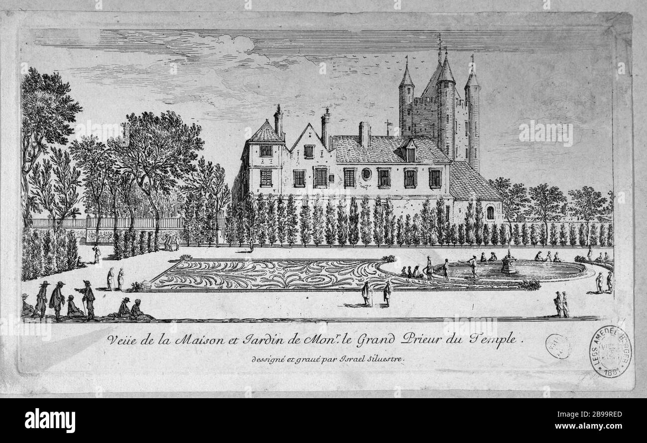 PER LA CASA E IL GIARDINO MONSIEUR LE GRAND PRIORE DEL TEMPIO Israël Silvestre (1621-1691) e Jean Lepautre (1618-1682). "Vue de la maison et jardin de Monsieur le Grand Prieur du Temple". Eau-forte, 1658. Parigi, musée Carnavalet. Foto Stock