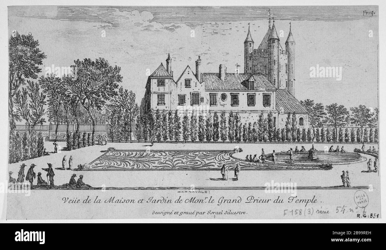 PER LA CASA E IL GIARDINO VESCOVO IL GRAN PRIORE DEL TEMPIO Israël Silvestre (1621-1691) et Jean Lepautre (1618-1682). 'Vue de la maison et jardin de monseigneur le Grand prieur du Temple.'. Eau-forte, 1658. Parigi, musée Carnavalet. Foto Stock