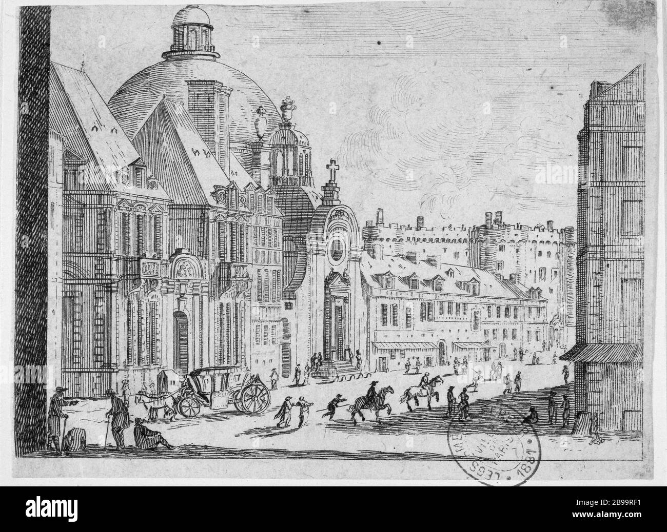 VISTA DELLA CHIESA DELLE RAGAZZE SAINTE-MARIE, SAINT ANTOINE Israël Silvestre (1621-1691), Israël Henriet (1590-1661). "Vue de l'église des Filles Sainte-Marie, rue Saint-Antoine (épreuve inversée)". Eau-forte, 1650-1660. Parigi, musée Carnavalet. Foto Stock