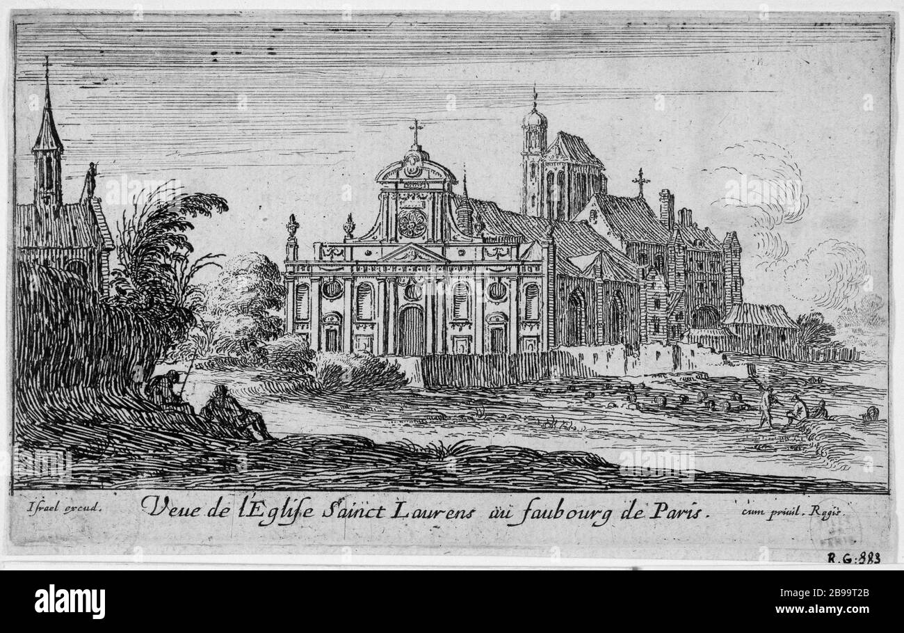 ALLA CHIESA DI SAN LORENZO SOBBORGO DI PARIGI Israël Silvestre (1621-1691) et Israël Henriet (1590-1661). "Vue de l'église Saint-Laurent au faubourg de Paris". Eau-forte, 1650-1660. Parigi, musée Carnavalet. Foto Stock