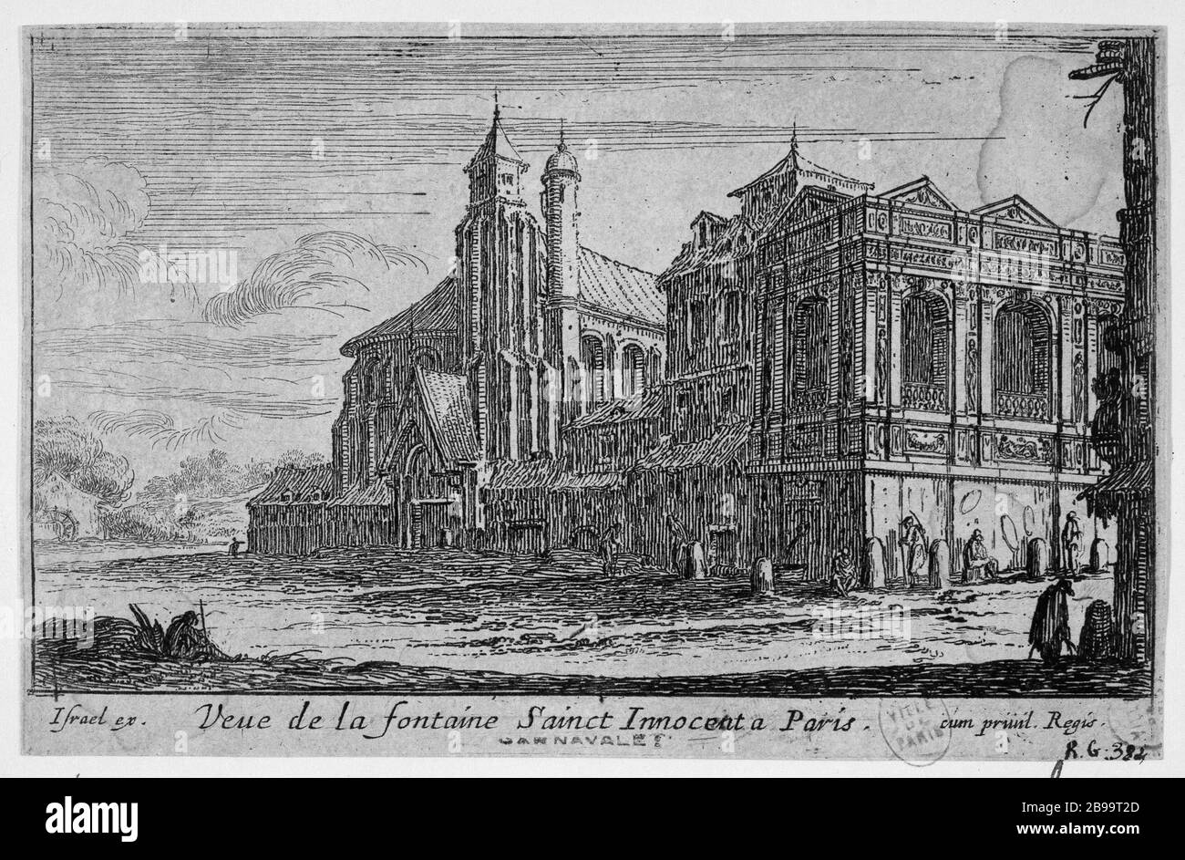VISTA DELLA FONTANA DI PARIGI SAINT INNOCENT Israël Silvestre (1621-1691) et Israël Henriet (1590-1661). "Vue de la fontaine Saint-Innocent à Paris". Eau-forte, 1650-1660. Parigi, musée Carnavalet. Foto Stock