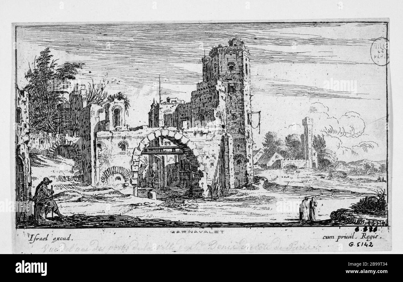 A UNA DELLE PORTE DELLA CITTÀ DI SAINT-DENIS, LATO DI PARIGI Israël Silvestre (1621-1691) et Israël Henriet (1590-1661). "Vue de l'une des portes de la Ville de Saint-Denis, du côté de Paris". Eau-forte, 1650-1660. Parigi, musée Carnavalet. Foto Stock