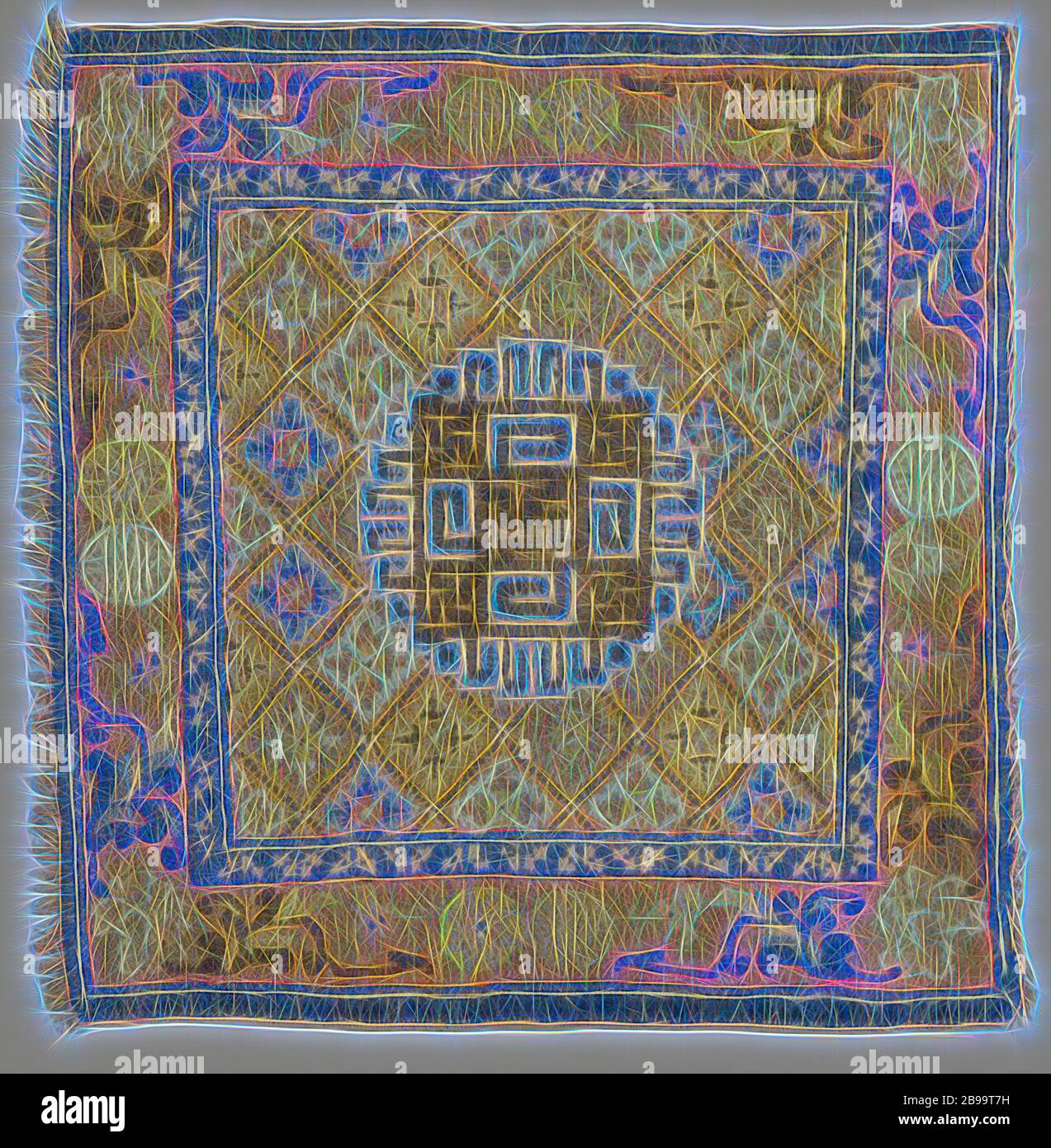 Tappeto orientale, tappeto medaglione. Nel campo medio un motivo a griglia marrone, tagliato da un grande medaglione rotondo fatto di meandri. Bordo triplo, quello centrale con pipistrelli, cerchi con stelle e segni fortunati, fiori azalea sugli angoli., Ningh-sia, 1800 - 1925, ketting en inslag, piscina, h 70 cm × w 70 cm, Reimagined by Gibon, disegno di calda allegra luce incandescente e luminosità raggi di luce radianza. Arte classica reinventata con un tocco moderno. La fotografia ispirata al futurismo, abbracciando l'energia dinamica della tecnologia moderna, del movimento, della velocità e rivoluzionando la cultura. Foto Stock