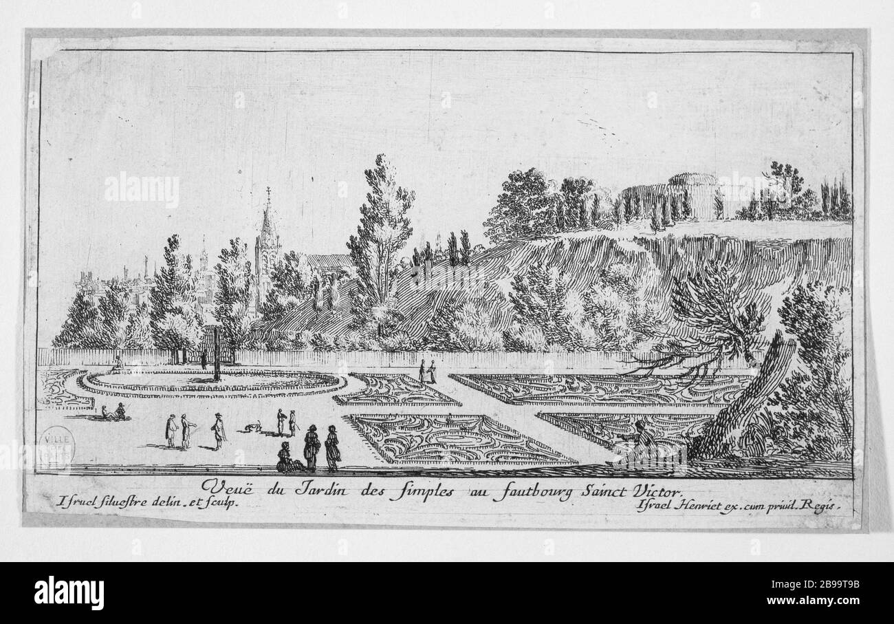 VISTA GIARDINO SOBBORGO DI SEMPLICE A SAINT-VICTOR Israël Silvestre (1621-1691) et Israël Henriet (1590-1661). 'Vue du jardin des Simples au faubourg Saint-Victor'. Eau-forte, 1652. Parigi, musée Carnavalet. Foto Stock
