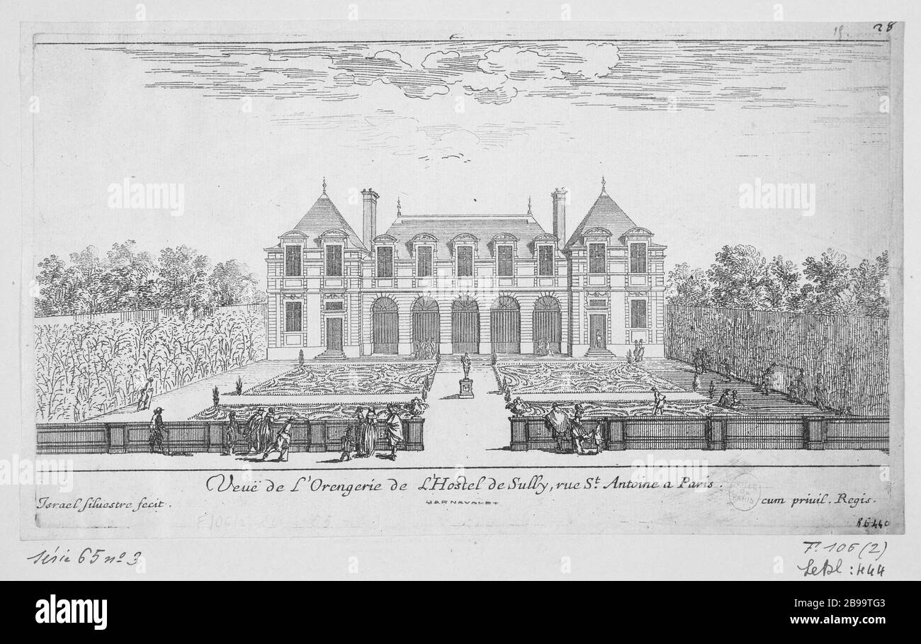 PER L'HOTEL ORANGERIE DI VIA SULLY SAINT-ANTOINE A PARIGI Israël Silvestre (1621-1691), Israël Henriet (1590-1661). "Vue de l'Orangerie de l'hôtel de Sully, rue Saint-Antoine à Paris". Eau-forte, 1657. Parigi, musée Carnavalet. Foto Stock
