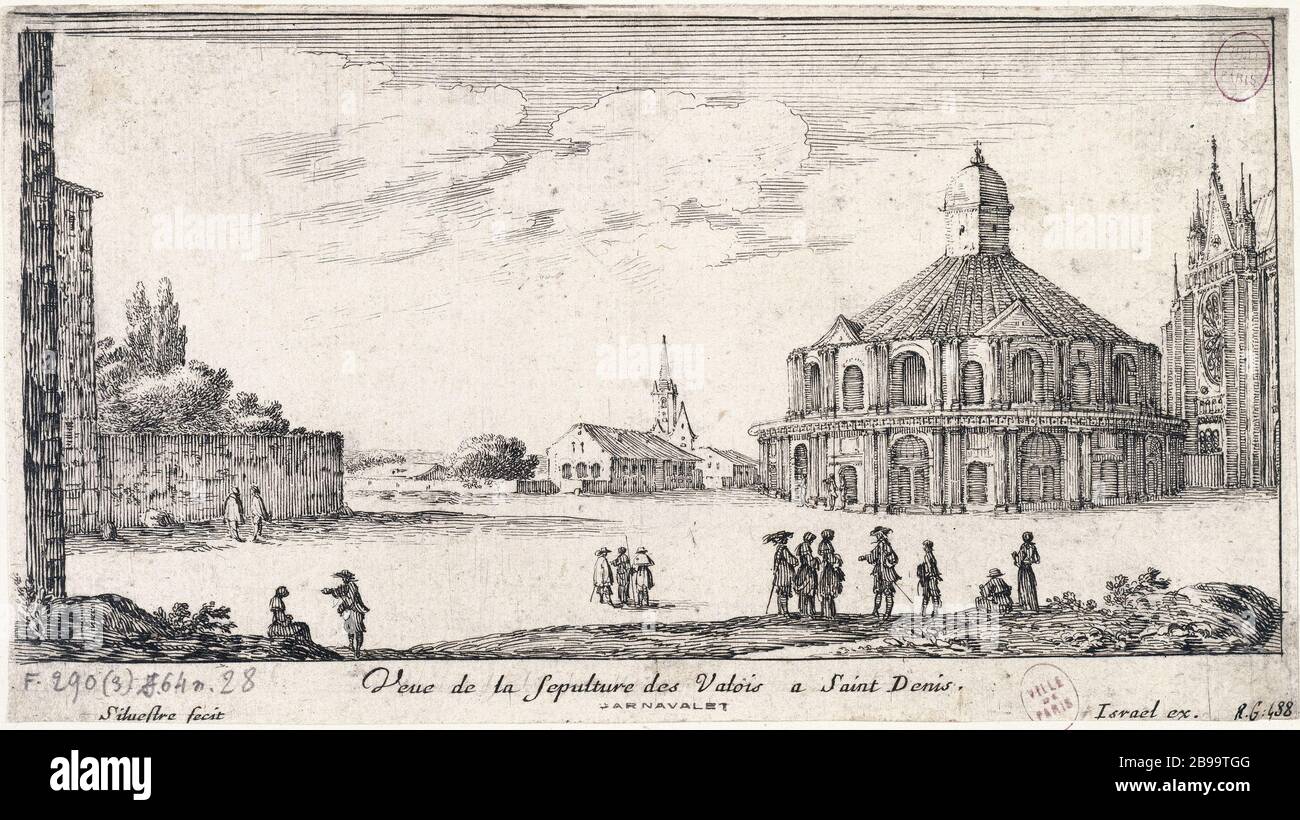 PER LA SEPOLTURA DI VALOIS SAINT-DENIS ISRAËL SILVESTRE (1621-1691). "Vue de la Sépulture des Valois à Saint Denis". Chapelle en rotonde construite par Catherine de Médicis (le Primatice et Jean Bullant, architectes) dans le prolongement du croissillon nord de la basilique et démolie sous la Régence. Gravure. Parigi, musée Carnavalet. Foto Stock