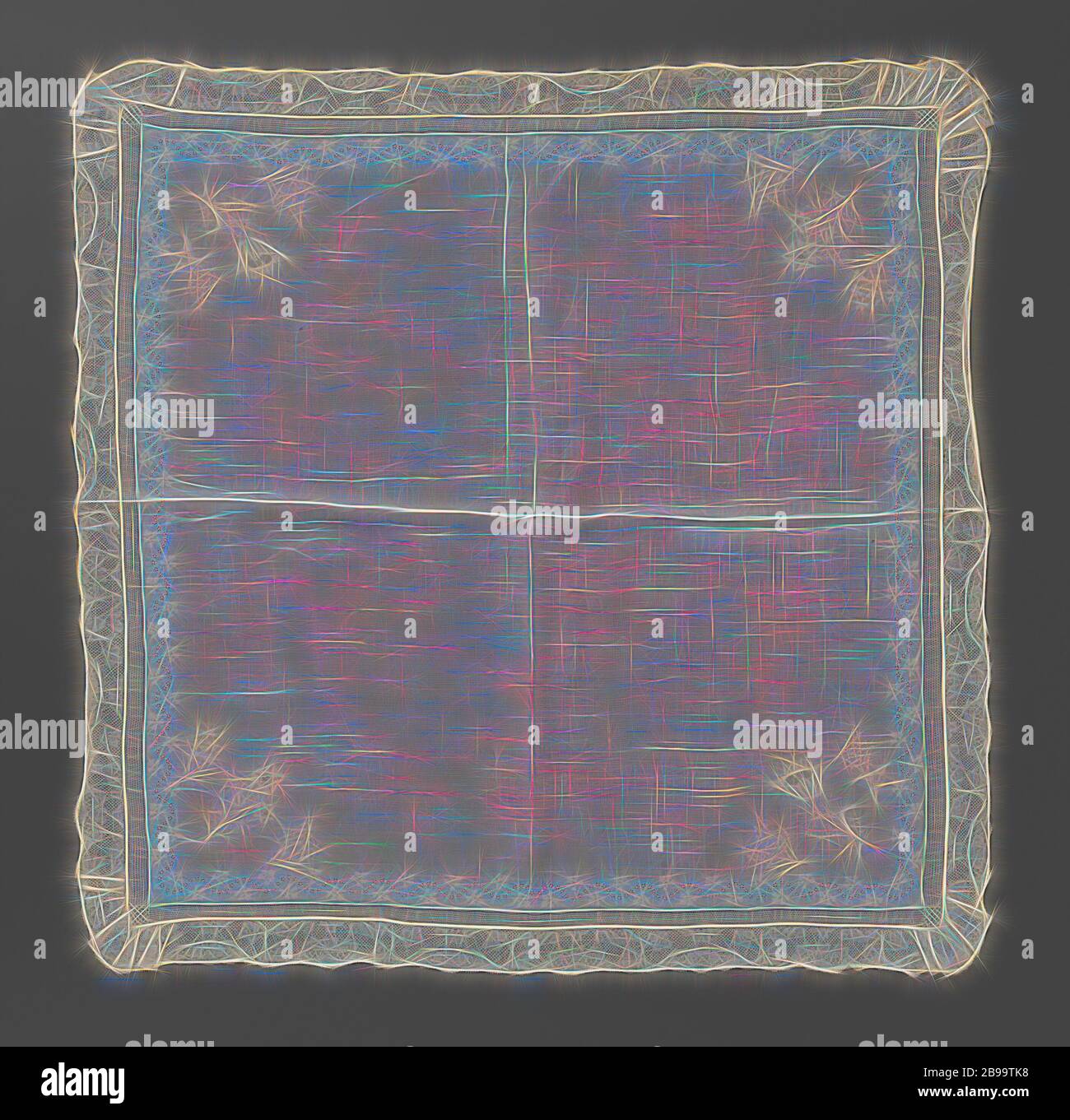 Fazzoletto di batist con tre rami di fiori in ogni angolo in ombra e di lavoro intorno a un confine delle Fiandre pizzi, fazzoletto di colore naturale batist con ricami e una frontiera di merletto a fuselli: Fiandre pizzo. Il ricamo è negli angoli e lungo i bordi. Ci sono tre rami di fiori in ogni angolo, fiancheggiata da due più piccoli. Un calice di grandi dimensioni in due angoli tra i rami con dimenticare-me-poveri. In altri angoli di un grande fiore di rosette tra rami più sottili con garofani. L'angolo angoli opposti sono lo stesso. Lungo tutto il lato viene eseguito regolarmente un ruscello che scorre Foto Stock
