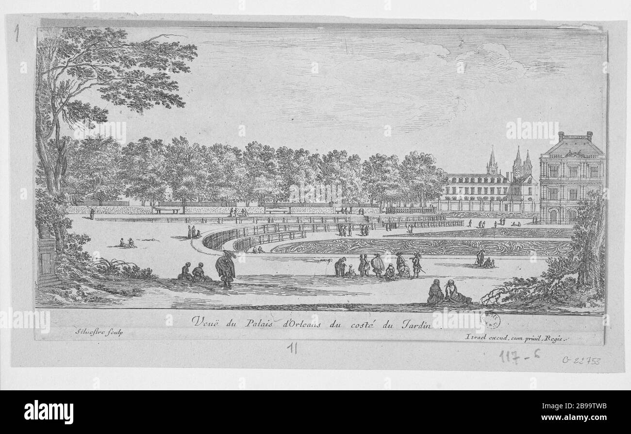VISTA DEL COTE D'ORLEANS GARDEN PALACE Israël Silvestre (1621-1691), Israël Henriet et Stefano della Bella. "Vue du Palais d'Orléans du côté du jardin". Eau-forte, 1649. Parigi, musée Carnavalet. Foto Stock