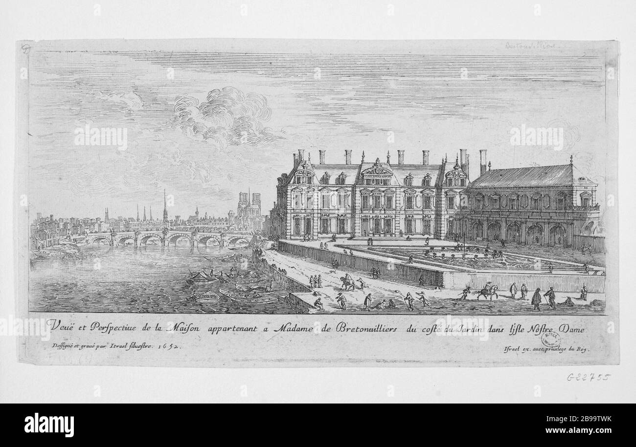 VISTA E PROSPETTIVA DELLA CASA APPARTENENTE ALLA SIGNORA BRETONVILLIERS, LATO NEL GIARDINO ISOLA NOTRE DAME ISRAËL SILVESTRE (1621-1691), ISRAËL HENRIET (1590-1661). "Vue et Perspective de la maison appartenant à Madame de Bretonvilliers, du côté du jardin dans l'île Notre-Dame". Eau-forte, 1652. Parigi, musée Carnavalet. Foto Stock