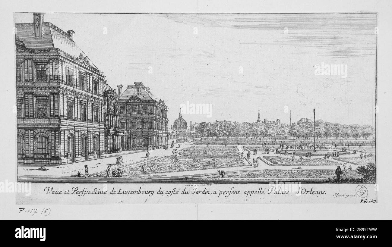 VISTA E PROSPETTIVA DI LUSSEMBURGO, LA COSTA QUESTO CHIAMATO GARDEN PALACE ORLEANS Israël Silvestre (1621-1691), Israël Henriet et Stefano della Bella. 'Vue et prospettic du Luxembourg, du90-1661) et Stefano della Bella. côté du jardin à présent appelé Palais d'Orléans'. Eau-forte, 1649. Parigi, musée Carnavalet. Foto Stock