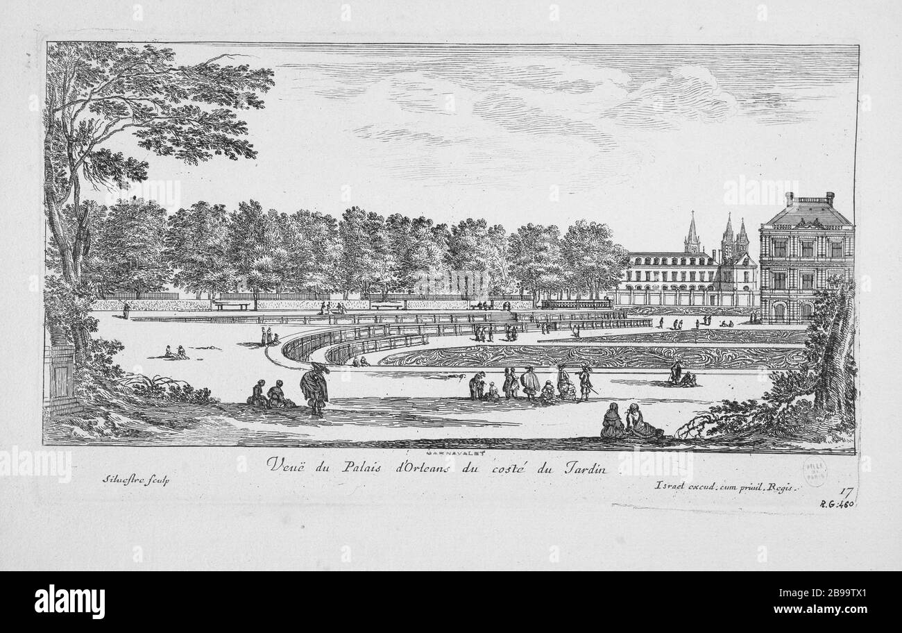 VISTA DEL COTE D'ORLEANS GARDEN PALACE Israël Silvestre (1621-1691), Israël Henriet et Stefano della Bella. "Vue du Palais d'Orléans du côté du jardin". Eau-forte, 1649. Parigi, musée Carnavalet. Foto Stock