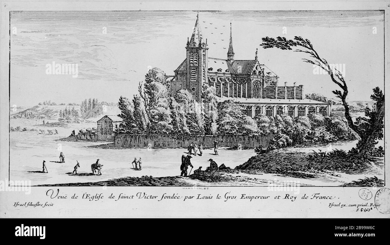 Vista della Chiesa di Sainct Victor fondata da Luigi il grasso imperatore e re di Francia. Israël Silvestre et Israël Henriet. 'Eglise Saint-Victor'. Eau-forte, 1650-1655. Parigi, musée Carnavalet. Foto Stock