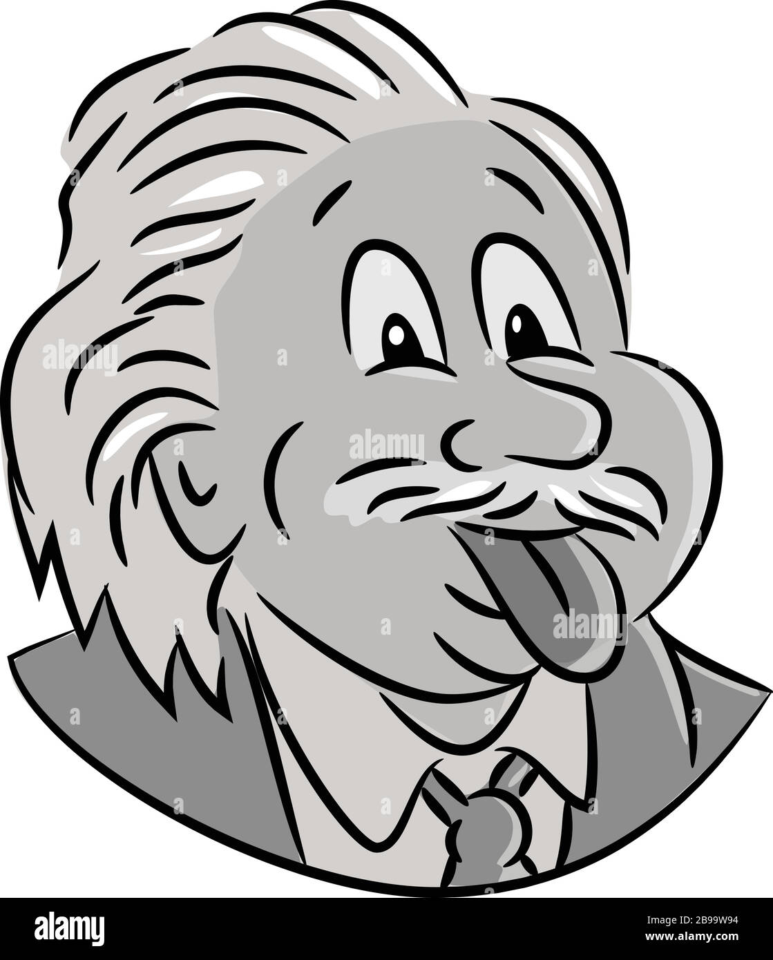 Illustrazione in stile cartoon della testa del genio nerdy scienziato Albert Einstein che si attacca la sua lingua vista dal fronte su sfondo bianco isolato. Illustrazione Vettoriale