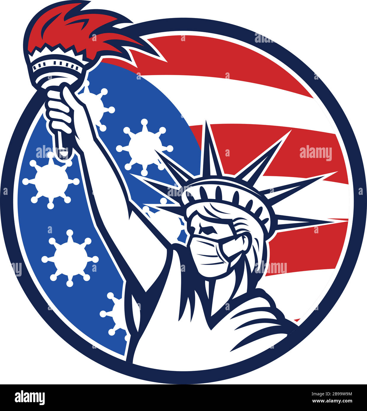 Icona raffigurazione della statua della libertà indossando una maschera chirurgica che regge una torcia fiammeggiante con Covid-19, coronavirus american flag stelle e strisce b Illustrazione Vettoriale
