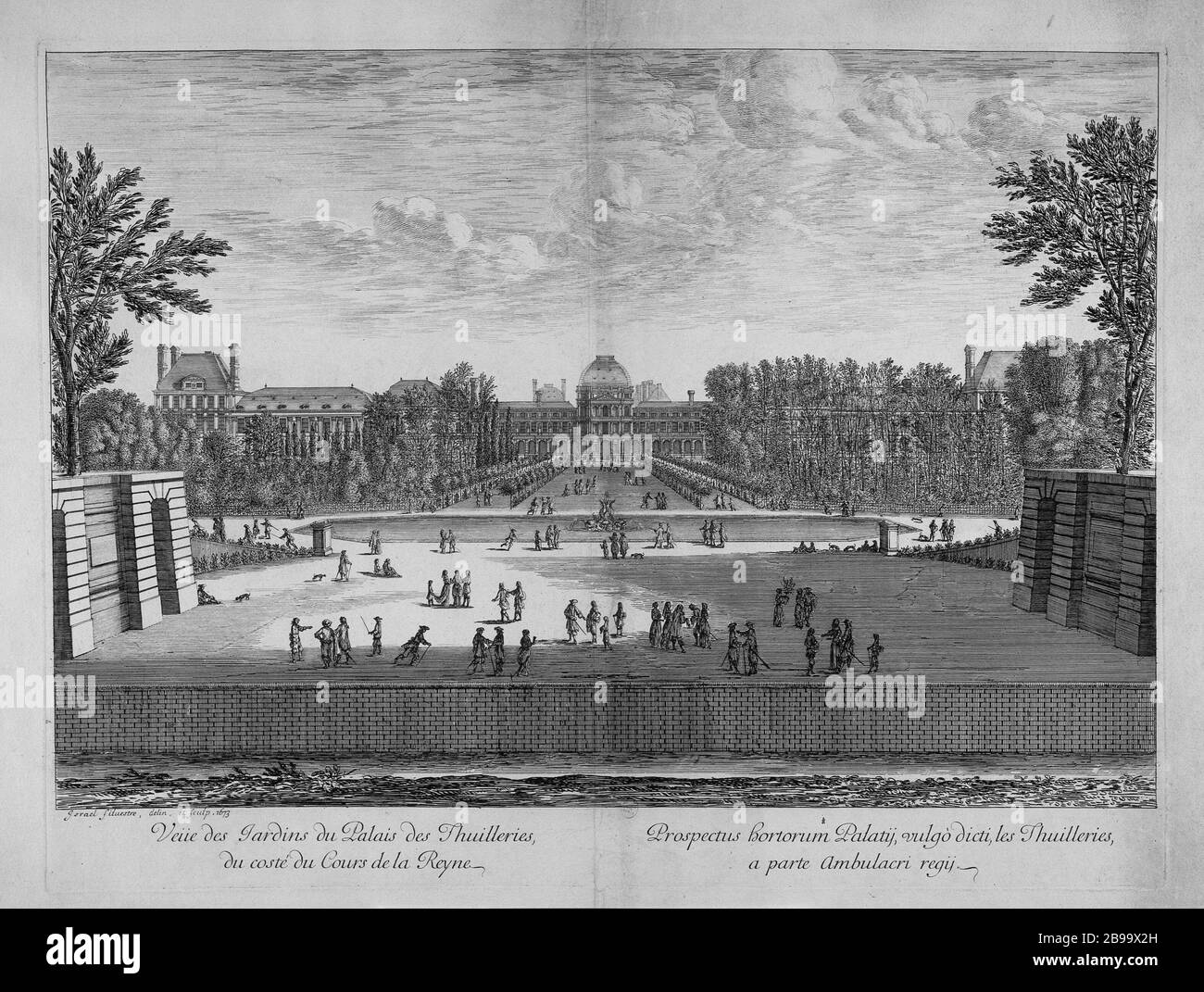VISTA SUI GIARDINI DEL PALAZZO TUILERIES ISRAËL SILVESTRE (1621-1691). "Vue des jardins du Palais des Tuileries". Eau-forte, 1673-1673. Parigi, musée Carnavalet. Foto Stock
