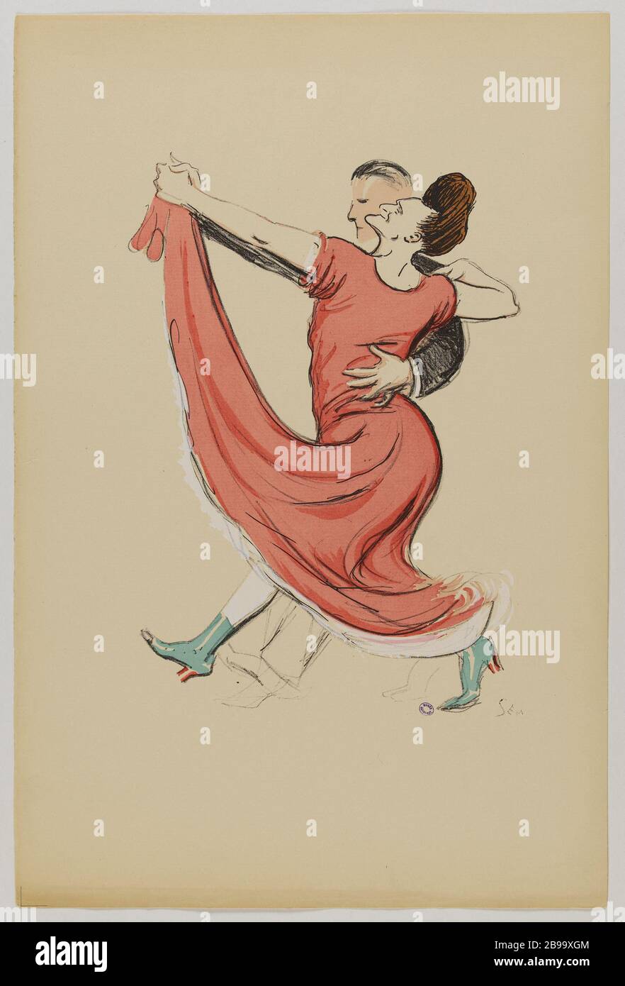 ALBUM 'IL NUOVO MONDO' (PRIMA SERIE): BOARD OF FIGURE PARISIENNES - COPPIA DANZANTI (PL.3) SEM (1863-1934). 'Album 'le Nouveau Monde' (1er série) : planche de figures parisiennes - couple dansant (pl.3)'. Lithographie en couleur. Parigi, musée Carnavalet. Foto Stock