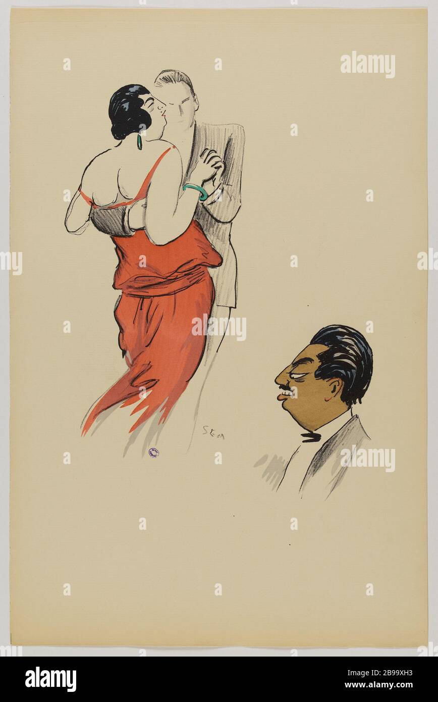 ALBUM 'IL NUOVO MONDO' (1A SERIE): BOARD OF FIGURE PARISIENNES - COPPIA DANZANTE E INDIANO (PL.7) SEM GEORGES GOURSAT, DIT (1863-1934). 'Album 'le Nouveau Monde' (1er série) : planche de figures parisiennes - couple dansant et un indien (pl.7)'. Lithographie en couleur. Parigi, musée Carnavalet. Foto Stock