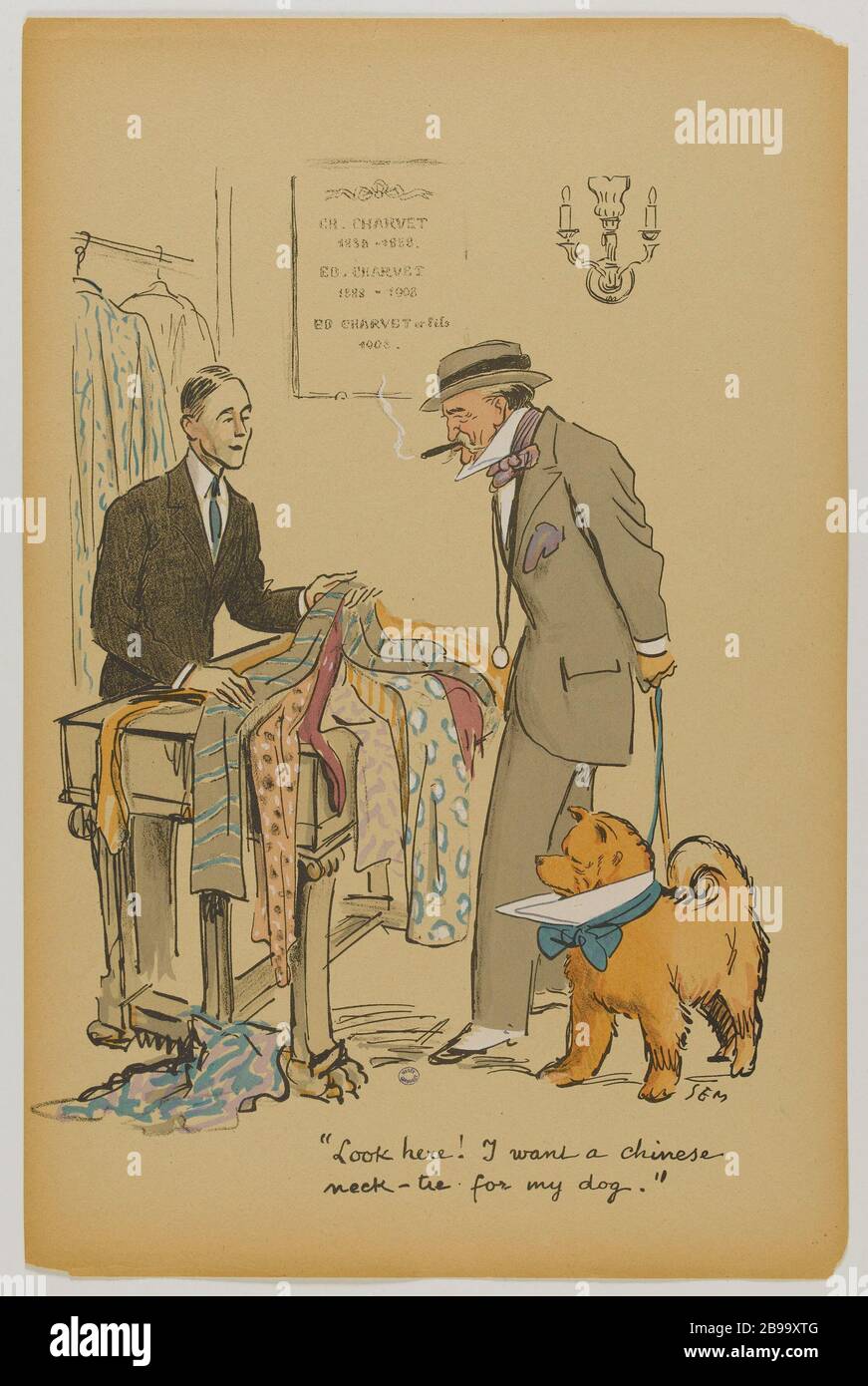 ALBUM 'LE NOUVEAU MONDE' (2EME SERIE) : 'GUARDA QUI ! VOGLIO UNA CRAVATTA CINESE PER IL MIO CANE' (PL 6) SEM (1863-1934). 'Album 'le Nouveau Monde' (2ème série) : 'Guarda qui ! Voglio una cravatta cinese per il mio cane' (pl 6)'. Lithographie coloriée, 1923. Parigi, musée Carnavalet. Foto Stock