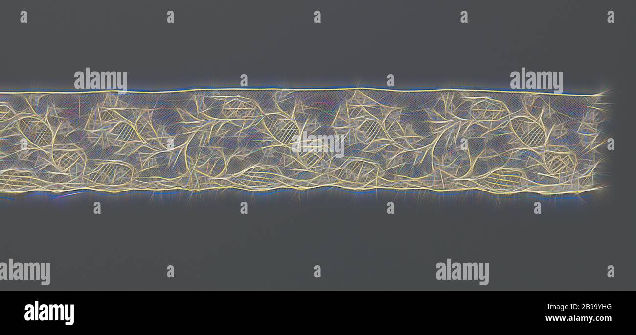 Bobina nastro di steli pizzo con riserve e garofani, striscia di frange di colore naturale steli di pizzo: Malines pizzo. Andamento continuo con steli ondulata per tutta la larghezza, con rami, lungo il quale si riserva ovale di stand e che terminano in garofani. I motivi sono collegati da una rete a maglia fine massa, il Mechelen massa. I motivi sono realizzati in lino con più spesse e più lucido fili di contorno. Suoli ornamentali in riserva. Scaloppina al piatto bordo sul lato inferiore costituito da un pattern con riserve concatenati. Il lato superiore è finito con un clonata separatamente la cinghia., anonimo, Bruges (po Foto Stock