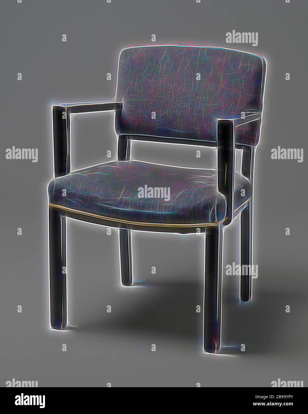 Poltrona con braccioli angolare e coperto con striscia blu, poltrona di nero laccato legno poggiante su quattro quadrati di gambe. Le zampe anteriori sono diritte e le zampe posteriori sono leggermente piegati e continuare nella parte posteriore POST. Il sedile è regolato in quattro linee le due linee laterali della quale sono dritte e la parte anteriore e la parte posteriore tubazioni piegate. La soglia inferiore dello schienale viene piegato. Piatto braccioli angolare correre verso il basso dal centro dello schienale e il resto davanti e non in linea con le gambe anteriori, sul piatto puntoni che sono parzialmente attaccata e in parte contro il sedile. Sia i corrimano e il sedile sono co Foto Stock