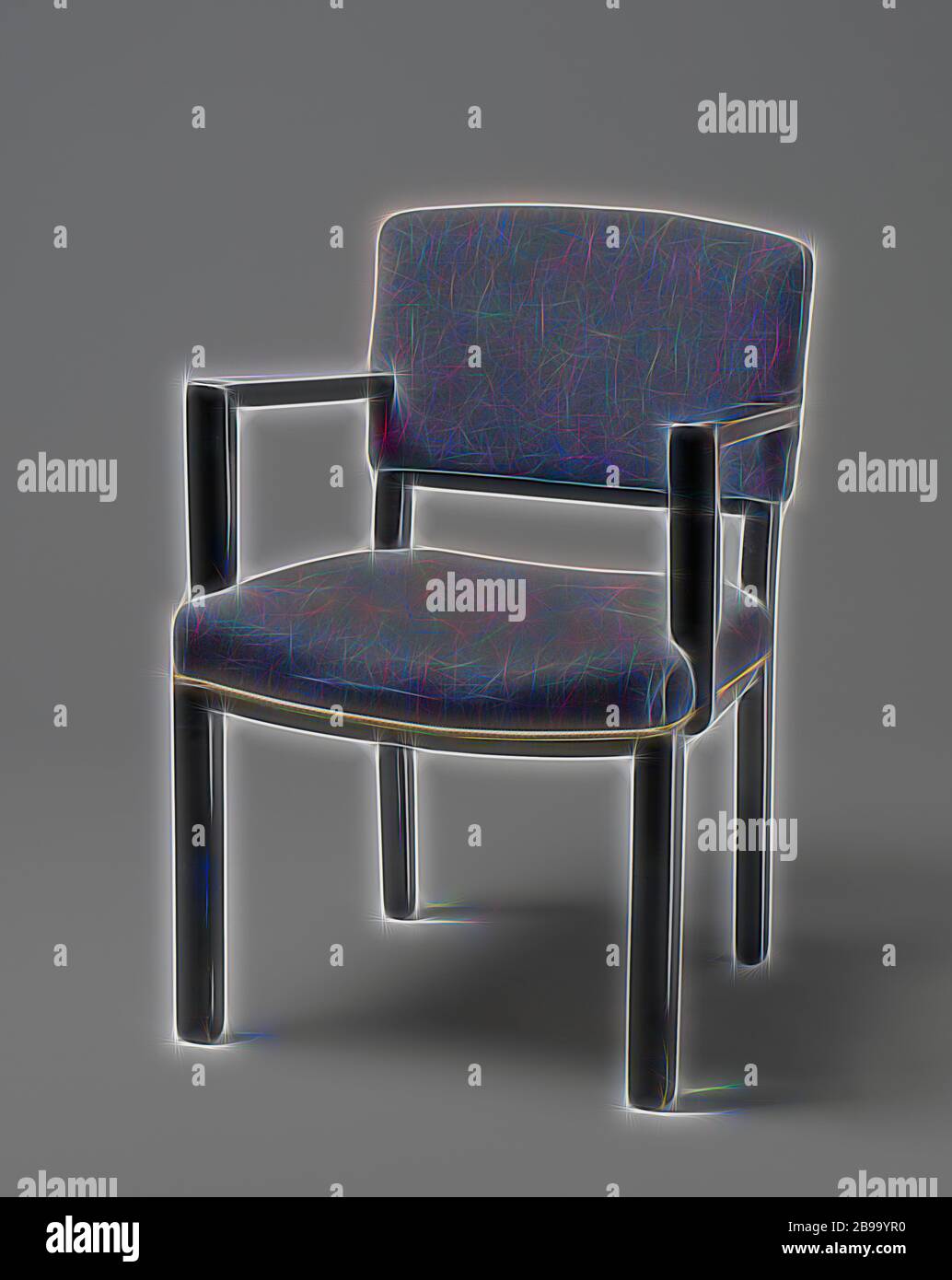 Poltrona con braccioli angolare e coperto con striscia blu, poltrona di nero laccato legno poggiante su quattro quadrati di gambe. Le zampe anteriori sono diritte e le zampe posteriori sono leggermente piegati e continuare nella parte posteriore POST. Il sedile è regolato in quattro linee le due linee laterali della quale sono dritte e la parte anteriore e la parte posteriore tubazioni piegate. La soglia inferiore dello schienale viene piegato. Piatto braccioli angolare correre verso il basso dal centro dello schienale e il resto davanti e non in linea con le gambe anteriori, sul piatto puntoni che sono parzialmente attaccata e in parte contro il sedile. Sia i corrimano e il sedile sono co Foto Stock