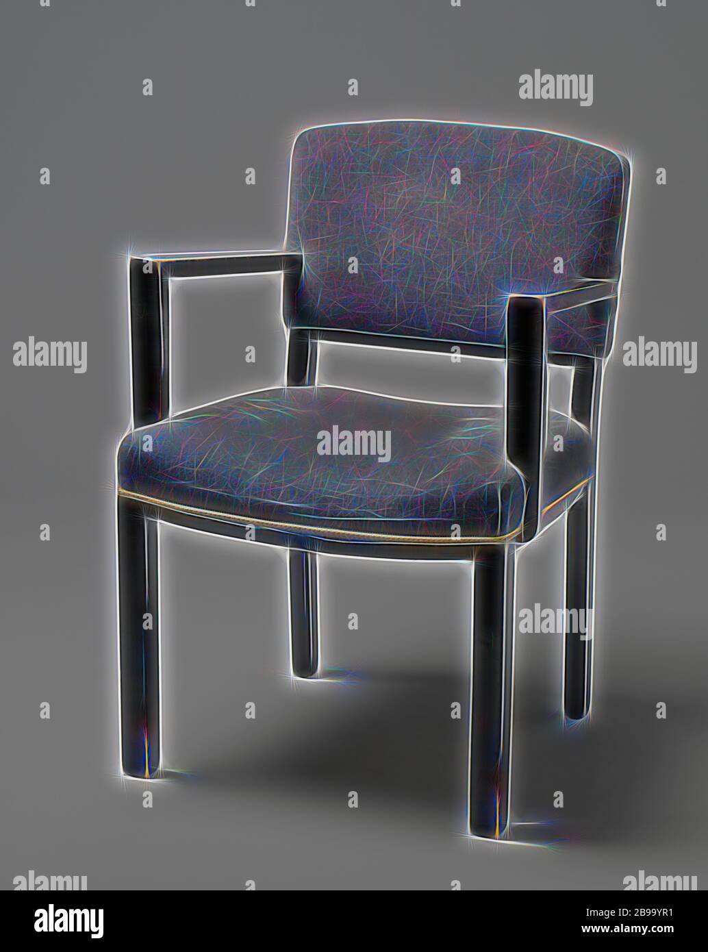 Poltrona con braccioli angolare e coperto con striscia blu, poltrona di nero laccato legno poggiante su quattro quadrati di gambe. Le zampe anteriori sono diritte e le zampe posteriori sono leggermente piegati e continuare nella parte posteriore POST. Il sedile è regolato in quattro linee le due linee laterali della quale sono dritte e la parte anteriore e la parte posteriore tubazioni piegate. La soglia inferiore dello schienale viene piegato. Piatto braccioli angolare correre verso il basso dal centro dello schienale e il resto davanti e non in linea con le gambe anteriori, sul piatto puntoni che sono parzialmente attaccata e in parte contro il sedile. Sia i corrimano e il sedile sono co Foto Stock