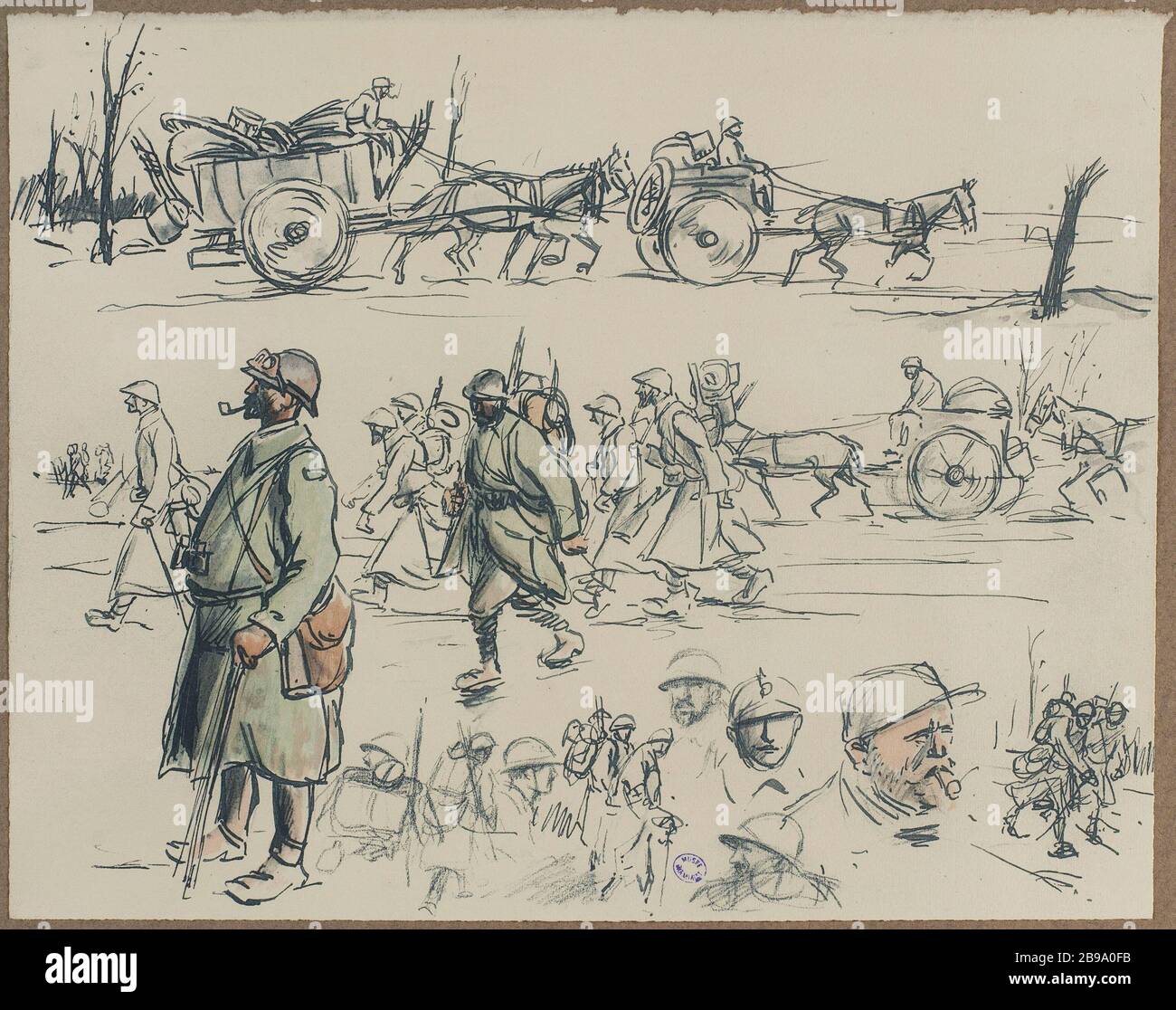 DISEGNO DI GUERRA DI HE 1915-1916; DISEGNO DI SOLDATI E TRE ATTELAGES REGISTRO SEM (GEORGES GOURSAT, DIT, 1863-1934). "Croquis de guerre, 1915-1916; croquis de soldats et d'attelages sur trois registrre". Procédé photomécanique couleur. Parigi, musée Carnavalet. Foto Stock