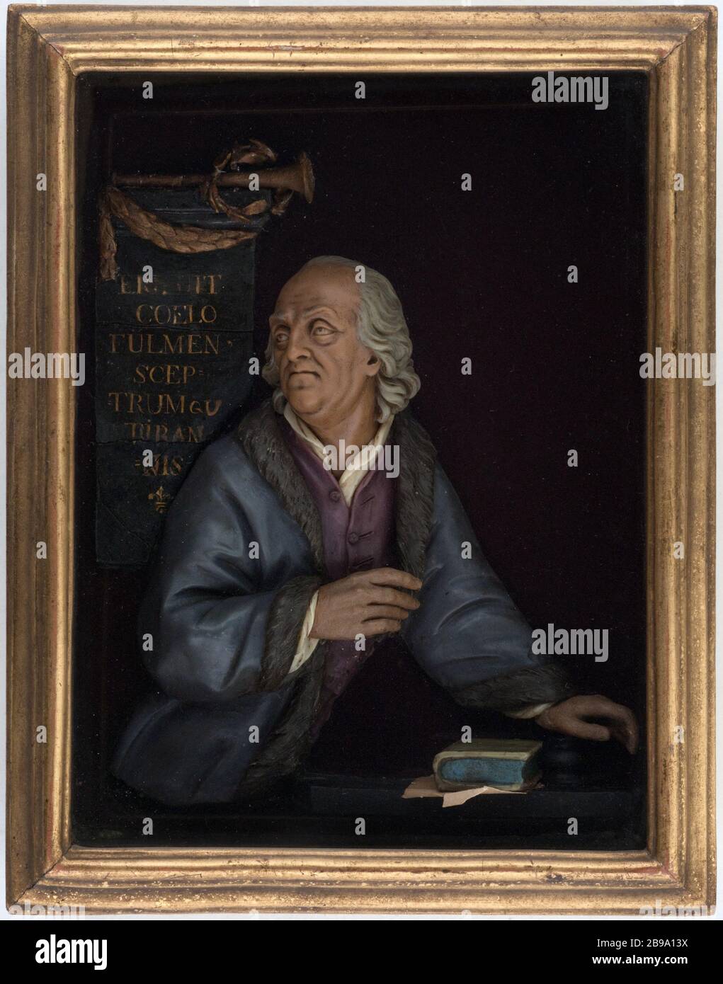 RITRATTO DI BENJAMIN FRANKLIN (1706-1790) IL MONUMENTO Caspar Bernhard Hardy (1726-1819). 'Portrait de Benjamin Franklin (1706-1790) au Monument'. Cire colorée. 4ème quart XVIIIème siècle. Parigi, musée Carnavalet. Foto Stock