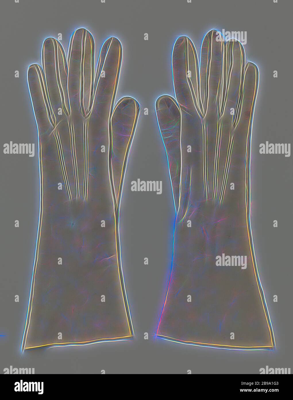 Guanto in pelle di lavaggio grigia, guanto sinistro in pelle di lavaggio grigia con cappuccio ribaltato. Tre linee cucite sul retro. Al polso e split con chiusura a bottone e bottone in plastica madreperla., Maison de Bonneterie, Olanda, c. 1900 - c. 1950, split, geheel, knoop, l 30 cm × w 11.4 cm, Reimagined by Gibon, design di calda allegra luce e luminosità raggi. Arte classica reinventata con un tocco moderno. La fotografia ispirata al futurismo, abbracciando l'energia dinamica della tecnologia moderna, del movimento, della velocità e rivoluzionando la cultura. Foto Stock