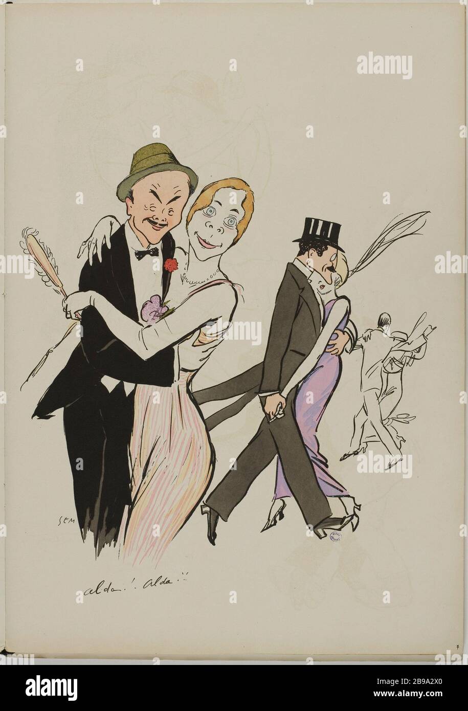 ALBUM TANGOVILLE-SUR-MER -ALDO! ALDA! TRE COPPIE DANZA: MR E LA SIGNORA FERNAND CHARRON, EDMOND PICARD VELO DANZA CON LA DONNA IN VIOLA E COPPIA SCONOSCIUTO SEM (GEORGES GOURSAT, DIT 1863-1934)/J. Saudé. 'Album Tangoville-sur-mer -Aldo ! Alda ! Trois coppia dansant : Monsieur et Madame Fernand Charron , Edmond Veil Picard danse avec femme en violet couple inconnu'. Lithographie en couleur. Parigi, musée Carnavalet. Foto Stock