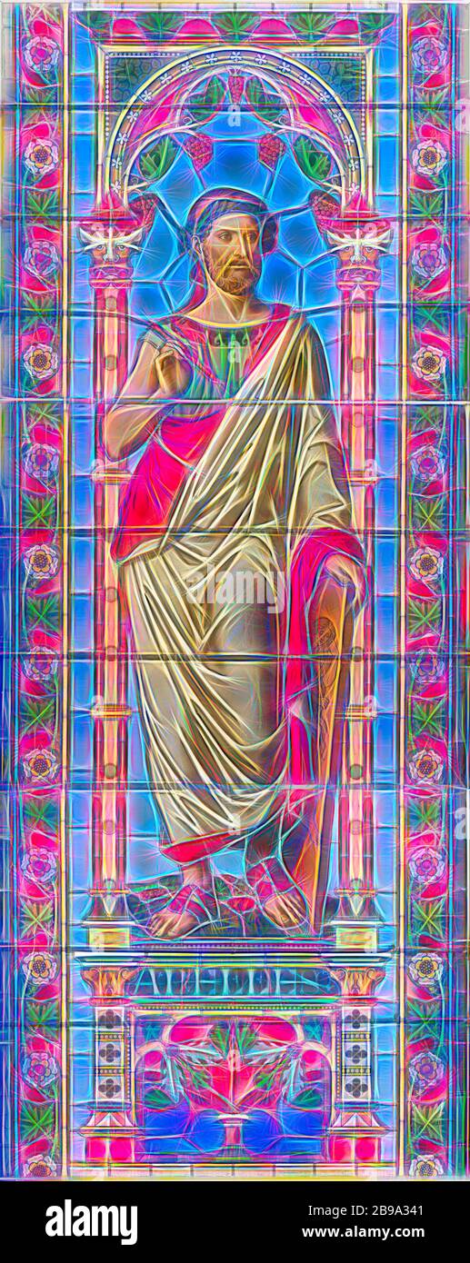 Finestra con rappresentazione Adelles, finestra colorata con Adelles come personificazione della pittura. Nella mano sinistra tiene una tela, nella destra una penna di disegno. Si trova tra due colonne con capitelli gotici sotto un arco con grappoli di uva, su un piedistallo con l'iscrizione Apelles., Tiroler Glasmalerei und Cathedralenglashuette, Innsbruck, 1882 - 1883, vetro, h 265.0 cm Ã w 105.0 cm, Reimagined by Gibon, design di calda e allegra luce di luminosità e di radianza dei raggi di luce. Arte classica reinventata con un tocco moderno. Fotografia ispirata al futurismo, che abbraccia l'energia dinamica della modalità Foto Stock