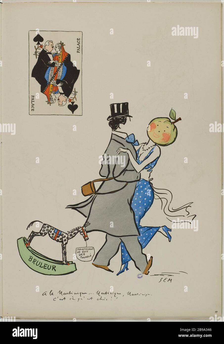 ALBUM TANGOVILLE-SUR-MER - PERSONAGGIO CORNUCHÉ IN GIOCO DI CARTE, M. DE SAINT-ALARY ABBRACCIATO UN PICCOLO CAVALLO DI LEGNO 'BRUCIATORE' MISS FREMONT LA CUI TESTA È UNA MELA - LEGGENDA 'LA MARTINICA, MARTINICA È CA CHIC COSA !! SEM (Georges Goursat, dit - 1863-1934)/Jean Saudé. 'Album Tangoville-sur-mer - Cornuché figure dans une carte à jouer, monsieur de Saint-Alary trimale un petit cheval de bois 'bruleur', Mlle Frémont dont la tête est une pomme - Légende 'A la Martinique, Martinique, c'est ça qu'est chic !!''. Lithographie en couleur. Parigi, musée Carnavalet. Foto Stock