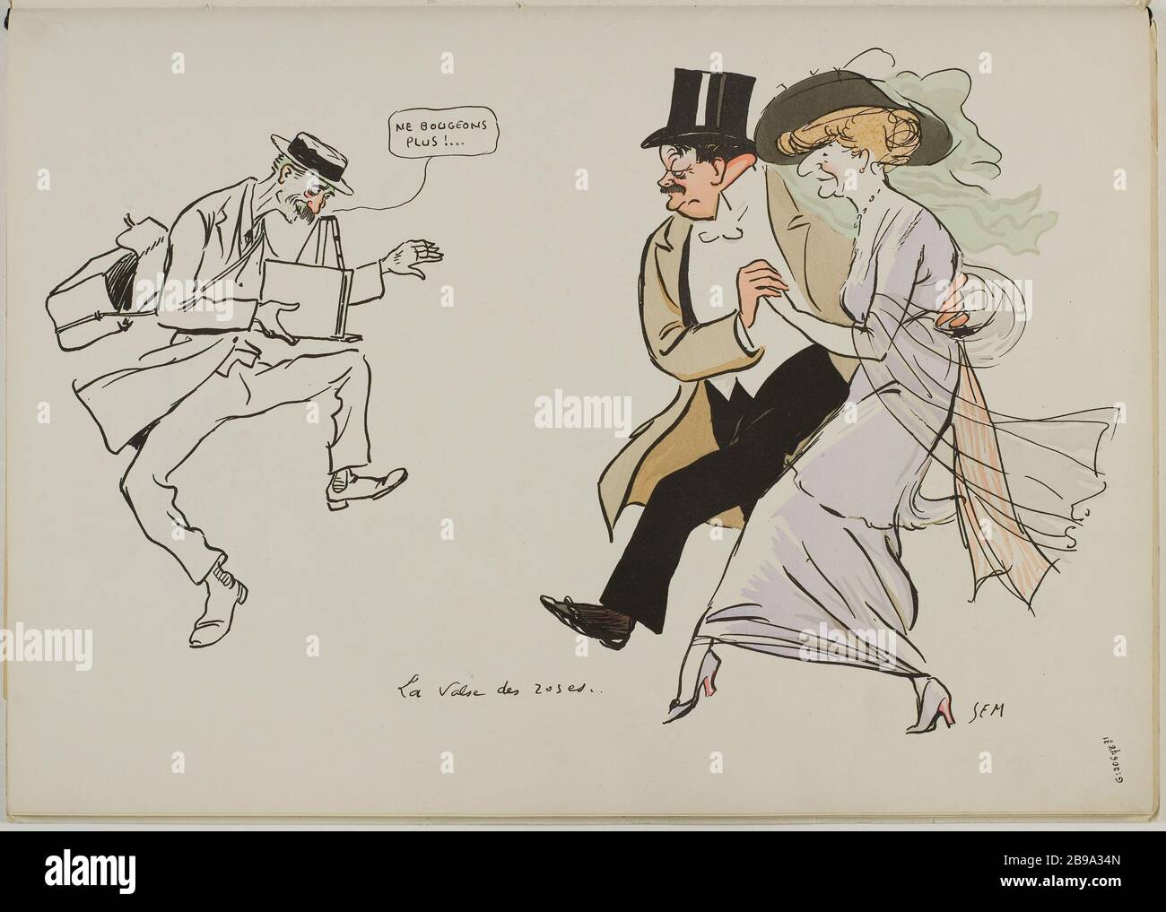 ALBUM TANGOVILLE-SUR-MER - IL FOTOGRAFO RAPHEL 'DO NOT LET'S MOVE MORE' CERCA DI PRENDERE LA DANZA CON MR BERTRAND MATILDA EES. "QUESTO È IL VALZER DELLE ROSE SEM (Georges Goursat, dit - 1863-1934)/Jean Saudé. 'Album Tangoville-sur-mer - le photographe Raphël 'ne bougeons Plus' tente de saisir Monsieur Bertrand dansant avec Mathilde See. "C'est la valse des Roses". Lithographie en couleur. Parigi, musée Carnavalet. Foto Stock