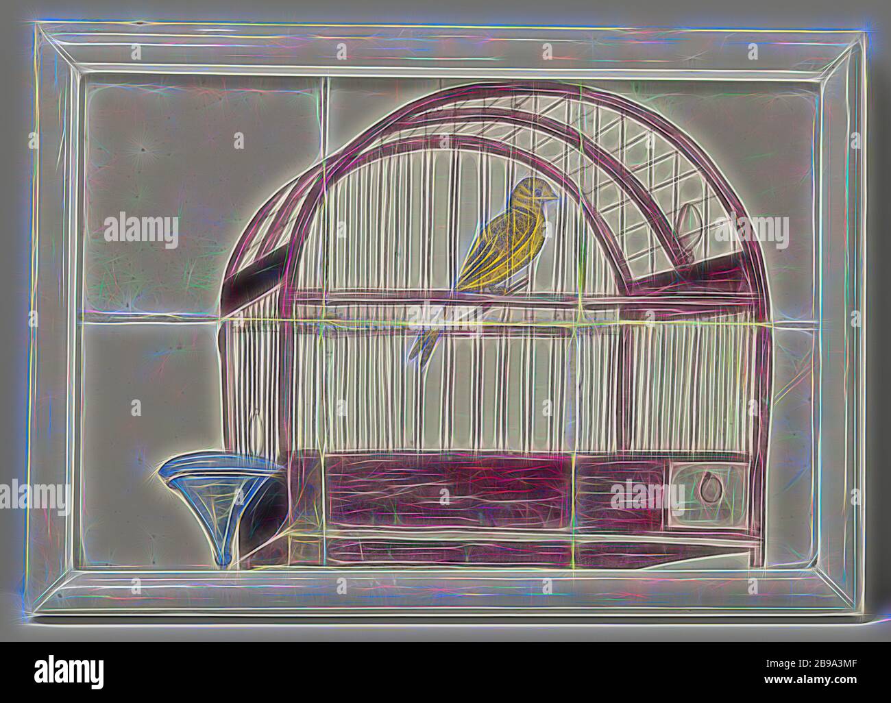 Pannello di tegole, dipinto con una rappresentazione di una gabbia di uccelli, pannello di tegole di sei tegole (2x3), dipinto in viola, blu e giallo con una rappresentazione di una gabbia di uccelli con abbeveratoio., toro, anonimo, Olanda, c. 1750 - c. 1800, h 25 cm × l 37.5 cm h 29 cm × l 41.5 cm × d 4 cm, Reimagined by Gibon, design di calda e allegra luce di luminosità e di luminosità. Arte classica reinventata con un tocco moderno. La fotografia ispirata al futurismo, abbracciando l'energia dinamica della tecnologia moderna, del movimento, della velocità e rivoluzionando la cultura. Foto Stock