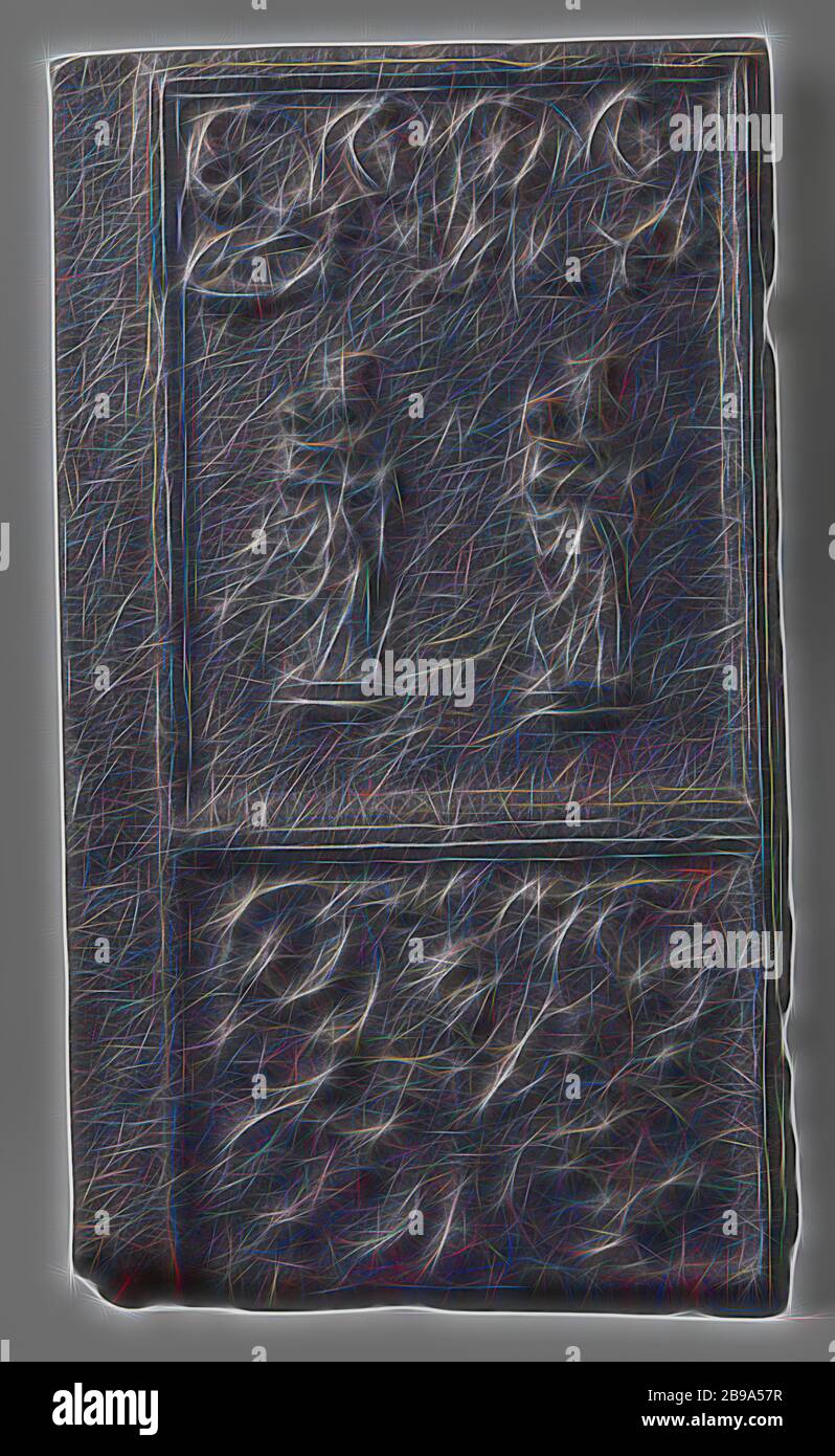 Piastra riscaldante con due Maria con bambino, piastra riscaldante in ghisa, divisa in due zone. Nella zona superiore due volte una rappresentazione di Maria con bambino, in piedi su una console. La parte superiore è chiusa con tendini arricciati. La zona inferiore è completamente decorata con tendini arricciati, Madonna: Maria in piedi (o mezza lunghezza), Cristo-bambino vicino al suo seno, anonimo, Germania, c.. 1525 - c. 1575, ferro (metallo), fondatrice, h 82.0 cm × w 48.0 cm × w, Reimagined by Gibon, design di calda allegra luce di luminosità e di luminosità raggi di luce. Arte classica reinventata con un tocco moderno. Fotografia ispirata a. Foto Stock