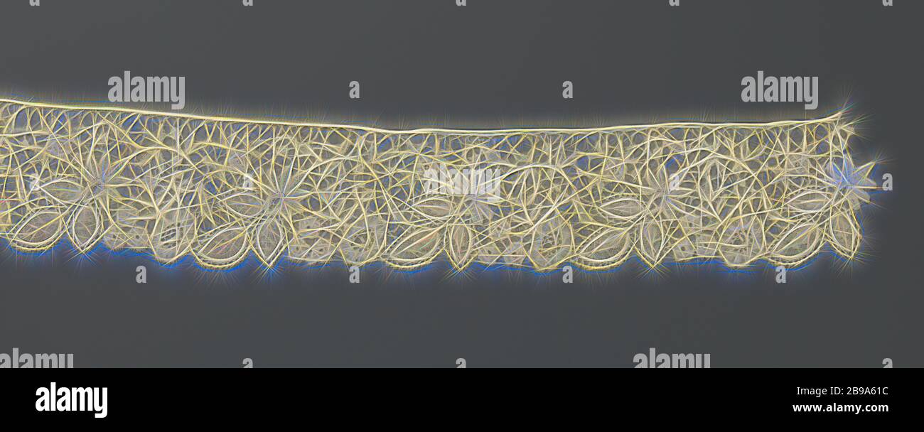 Striscia di merletto a fuselli con i grappoli di uva, striscia di colore naturale merletto: Merletto Duchesse. Un modello aperto di un breve ramo con due foglie di vite e un grappolo di uva si erge su un aperto terreno intrecciato. In spire, una foglia ed il cluster formano le capesante irregolare. Il collare ha un semilavorato a forma di U. Su un open bar fondo ci sono concentrici u-forme con esecuzione di un pattern di rami, di cui un anemone, cinque-foglia e un mazzetto di tre a mandorla frutti o foglie. tulip, striscia di colore naturale merletto: Valenciennes pizzo. Su un traliccio di grossa massa (reticolo quadrato), coperto w Foto Stock