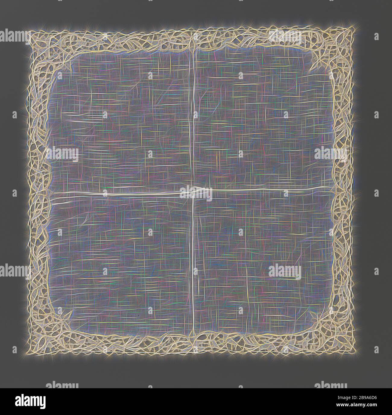 Fazzoletto di pizzo ad ago con fiori e un pezzo interno di batista, fazzoletto di batista con bordo di pizzo ad ago di colore naturale: Pizzo veneziano goffrato. La parte interna del batist di lino è leggermente scaloppata. Su una barra di terreno sono presenti rami con molti tipi di fiori che sono simmetricamente raggruppati., anonimi, Burano, c. 1870 - c. 1909, lino (materiale), rialzato veneziano, h 31 cm × w 31 cm, Reimagined by Gibon, disegno di calda e allegra luce luminosa e luminosa. Arte classica reinventata con un tocco moderno. Fotografia ispirata al futurismo, che abbraccia la dinamica Foto Stock