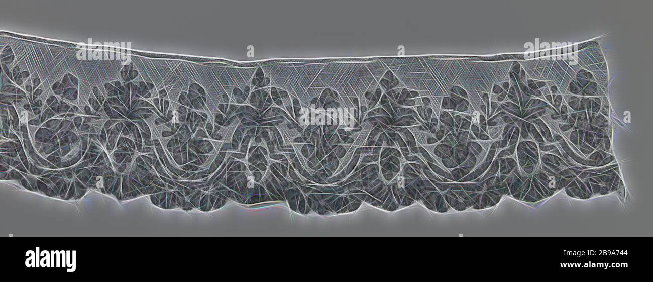 Striscia di pizzo a bobina con doppia montatura cava e convessa, striscia di pizzo a bobina nera: Pizzo Chantilly. Una base a reticolo ha una sommità vuota e un design simmetrico che diventa più pesante verso il basso. I doppi telai cavi e convessi, gradualmente confluenti tra loro, seguono le capesante, che a loro volta sono costituite da semirosette e un arco di foglie., anonimi, Belgio, c.. 1850 - c. 1860, seta, pizzo a fuselli, l 61 cm × w 12 cm ×, 10 cm, Reimagined by Gibon, design di calda e allegra luce di luminosità e di luminosità. Arte classica reinventata con un tocco moderno. Fotografia ispirata al futurismo, embrac Foto Stock