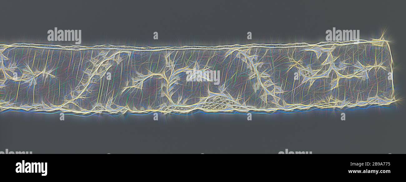 Striscia di laccio ad ago con rametti obliqui, rami obliqui, con boccioli e bacche in diminuzione di dimensione, legava una coppia a coppie ad un campo in cui a sua volta un ramo a doppio fiore in crescita verso l'alto e sospeso. Un bordo quasi piatto mostra frammenti di foglie e fiori e ha una solitudine media con molto aperto griglia lavoro su grandi distanze. Alençon side., anonima, Francia, c.. 1780 - c. 1790, lino (materiale), pizzo Alençon, l 120 cm × l 8 cm ×, 36 cm, Reimagined by Gibon, disegno di calda e allegra luce di luminosità e di luminosità. Arte classica reinventata con un tocco moderno. Foto INS Foto Stock