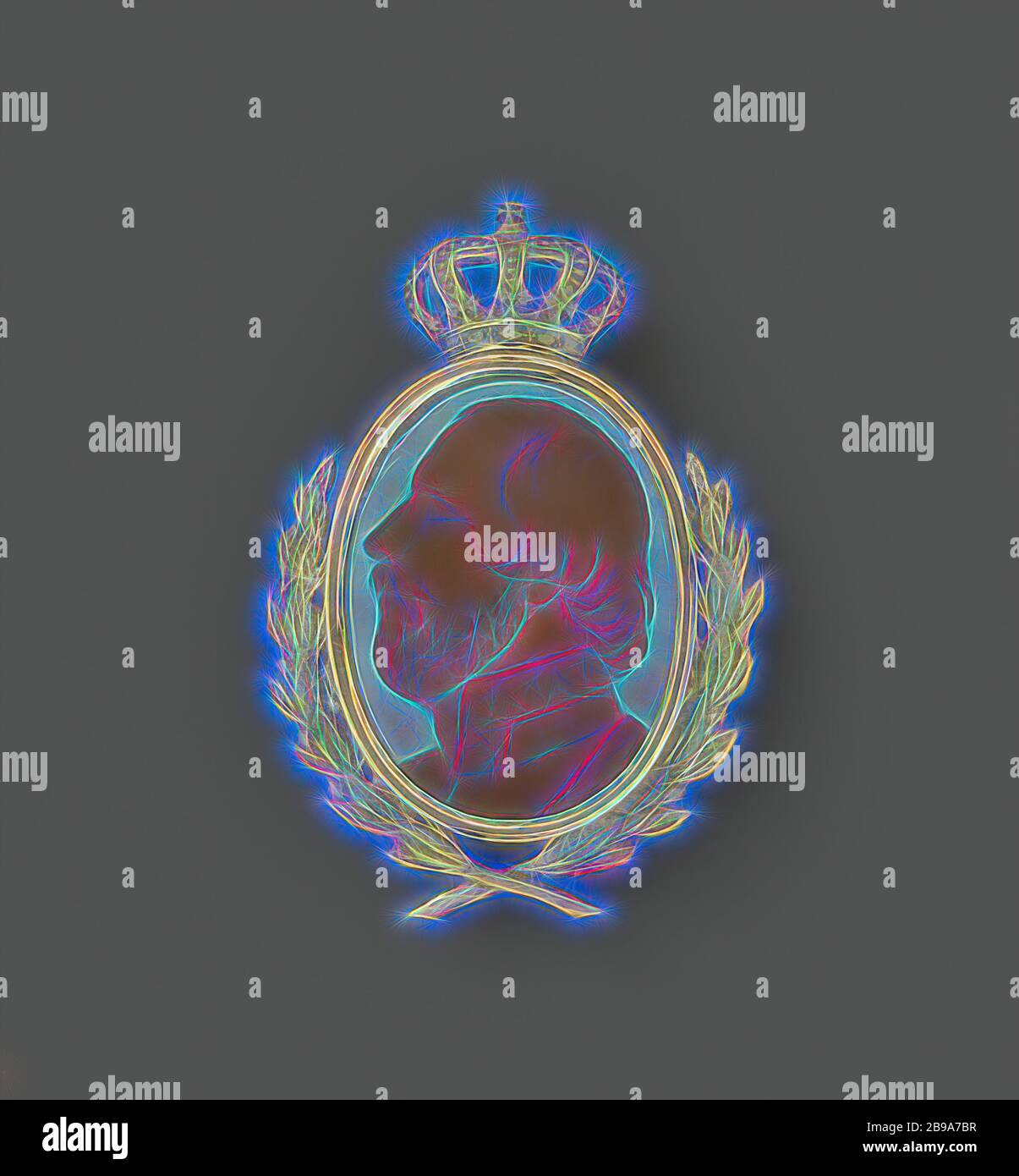 Intaglio con ritratto di Re Guglielmo III, ovale intaglio, scolpito in agata a strati, ca. 1880, racchiuso in un bordo d'oro di 18 carati con corona e rami d'alloro incrociati., anonima, Olanda, c. 1880, agata (calcedonia), oro (metallo), taglio, h 2.7 cm × w 5 cm, Reimagined by Gibon, disegno di calda e allegra luce incandescente di luminosità e di luminosità raggi di luce. Arte classica reinventata con un tocco moderno. La fotografia ispirata al futurismo, abbracciando l'energia dinamica della tecnologia moderna, del movimento, della velocità e rivoluzionando la cultura. Foto Stock